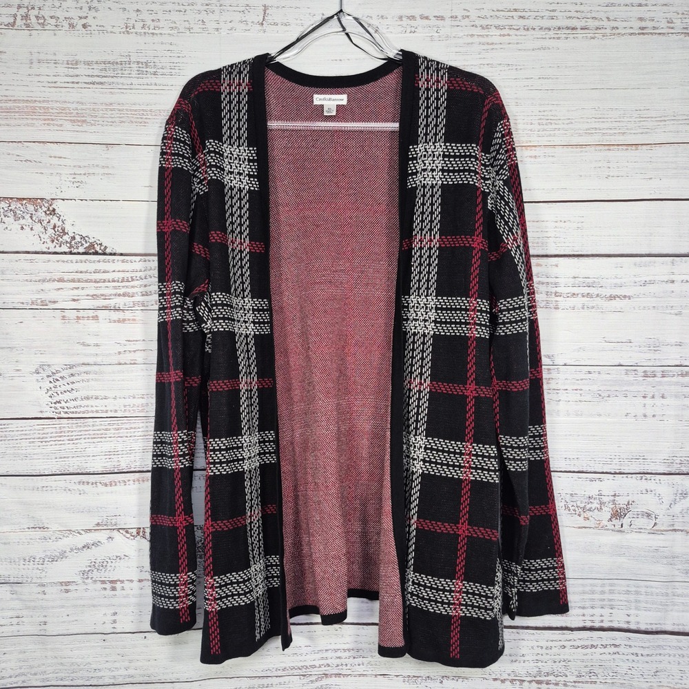 Croft & Barrow Womens XL Black Red Plaid Open Front Cardigan Knit Sweater